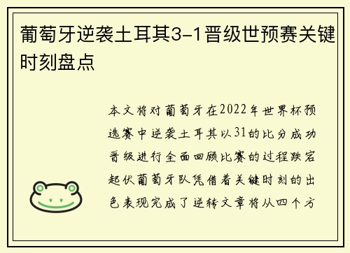 葡萄牙逆袭土耳其3-1晋级世预赛关键时刻盘点