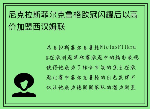 尼克拉斯菲尔克鲁格欧冠闪耀后以高价加盟西汉姆联