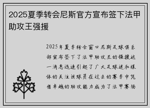 2025夏季转会尼斯官方宣布签下法甲助攻王强援